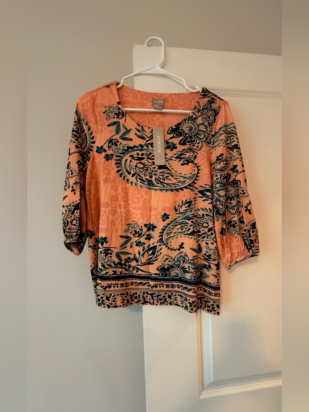 Chico's Peach and Teal Paisley V-Neck Tunic - Picture 4 of 8
